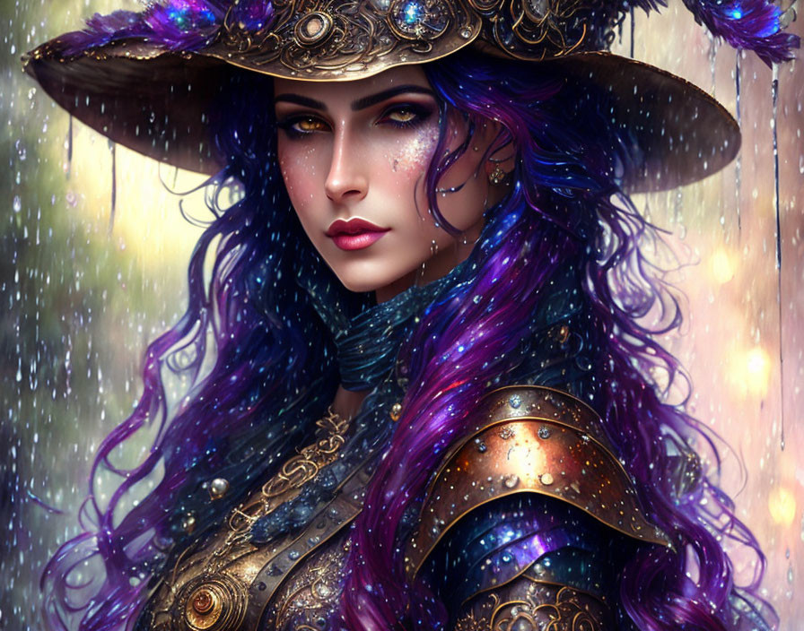 Fantasy digital artwork of a woman in purple hair and golden armor