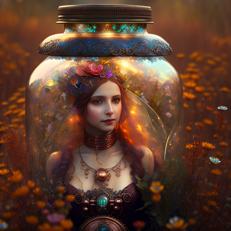 Woman with decorative headpiece in transparent jar among orange flowers in mystical autumn setting