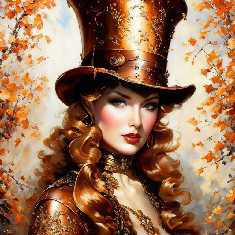 Curly auburn-haired woman in steampunk top hat with autumn leaves.