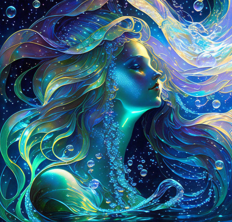 Mystical blue-toned woman with jellyfish in cosmic setting