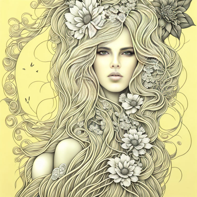 Detailed illustration of woman with floral hair on yellow backdrop.