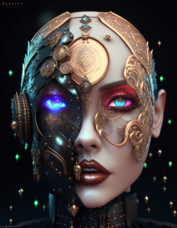 Digital artwork: Humanoid with gold and black cybernetic enhancements, glowing blue and pink eyes on