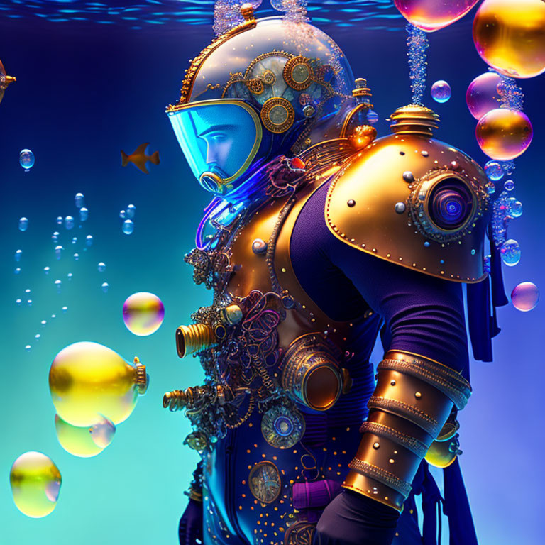 Steampunk diver with detailed helmet and suit in underwater scene