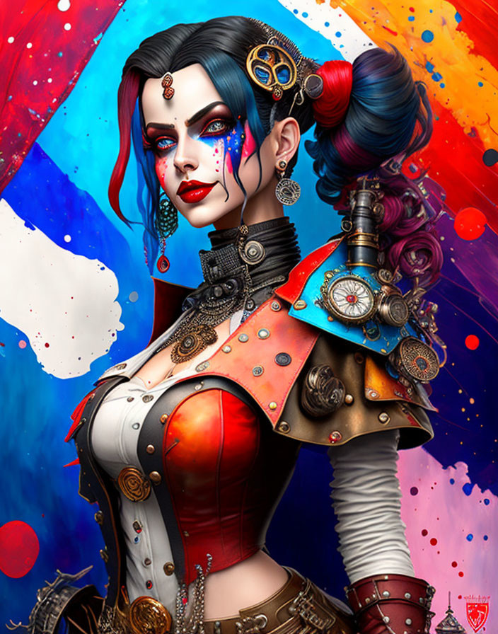 Blue-haired steampunk character with mechanical shoulder piece and corset on vibrant backdrop