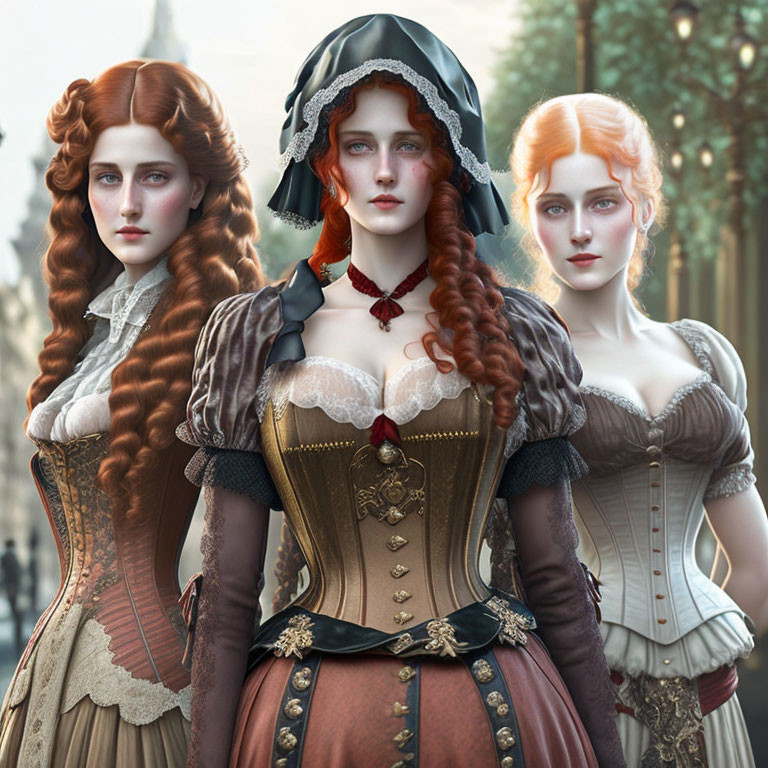 Three women in historical dresses with corsets and elaborate hairstyles featuring red hair and pale skin.