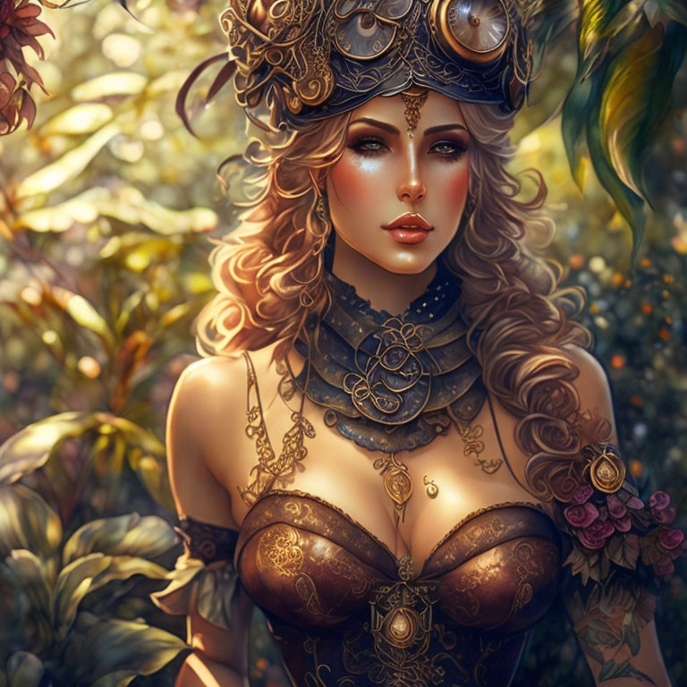 Digital art portrait of woman with ornate gold jewelry in lush natural backdrop