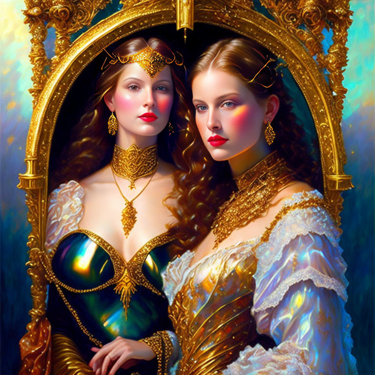 Elegant women in Renaissance attire with gold jewelry by ornate window