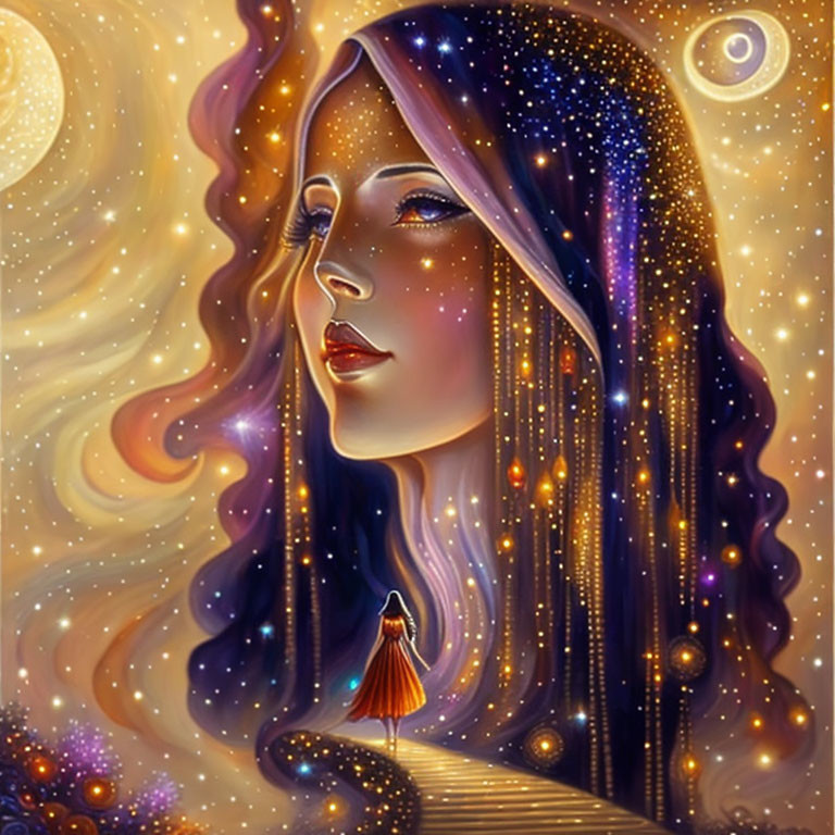 Woman's face with cosmic landscape and starry hair in mystical setting