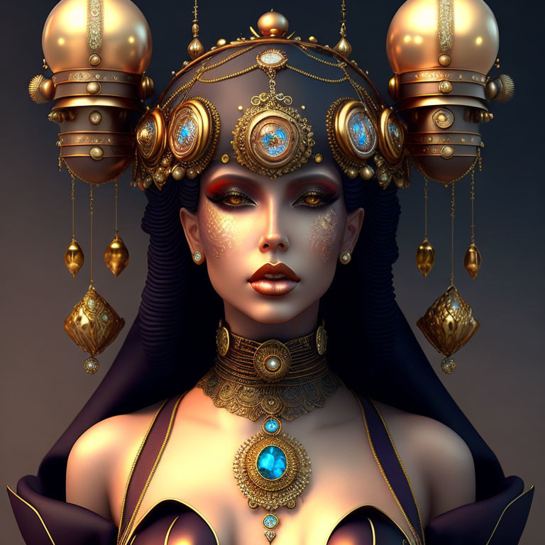 Digital Artwork: Woman with Elaborate Gold Headdress and Blue Gemstone