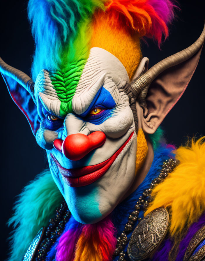 Vibrant Clown with Colorful Face Paint and Pointed Ears