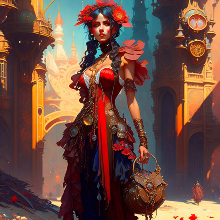 Vibrant steampunk woman with mechanical arm in fantasy cityscape