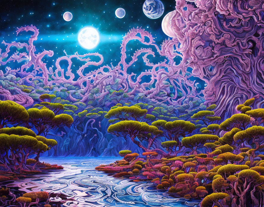 Fantastical landscape with pink trees, reflective river, and multiple moons