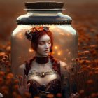 Woman with decorative headpiece in transparent jar among orange flowers in mystical autumn setting