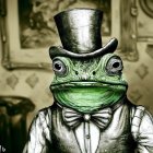 Steampunk-themed anthropomorphic frog in top hat and goggles against gear-filled backdrop