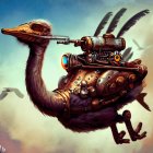 Steampunk-style mechanical bird with brass and copper elements on purple ostrich body