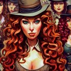 Digital art portrait of a woman with red curls, green eyes, and steampunk hat in mechanical