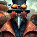 Anthropomorphic Raven in Steampunk Attire Against Industrial Background