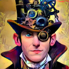 Steampunk-themed portrait with gear designs and intricate outfit