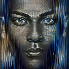 Woman with metallic-blue filigree mask in digital art