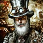 Steampunk-inspired character portrait with intricate costume and gear-adorned hat.