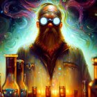 Bearded Man with Cosmic Goggles and Glowing Orb in Nebula Setting