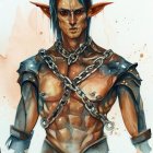 Muscular elf with sword in intricate armor and ink splatters