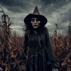 Witch costume with skull face paint in cornfield under cloudy sky