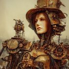 Detailed Steampunk-Inspired Image with Person in Bronze Gear Attire and Fantastical Creature