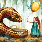 Young girl in blue dress with balloon near colorful snake and icy backdrop