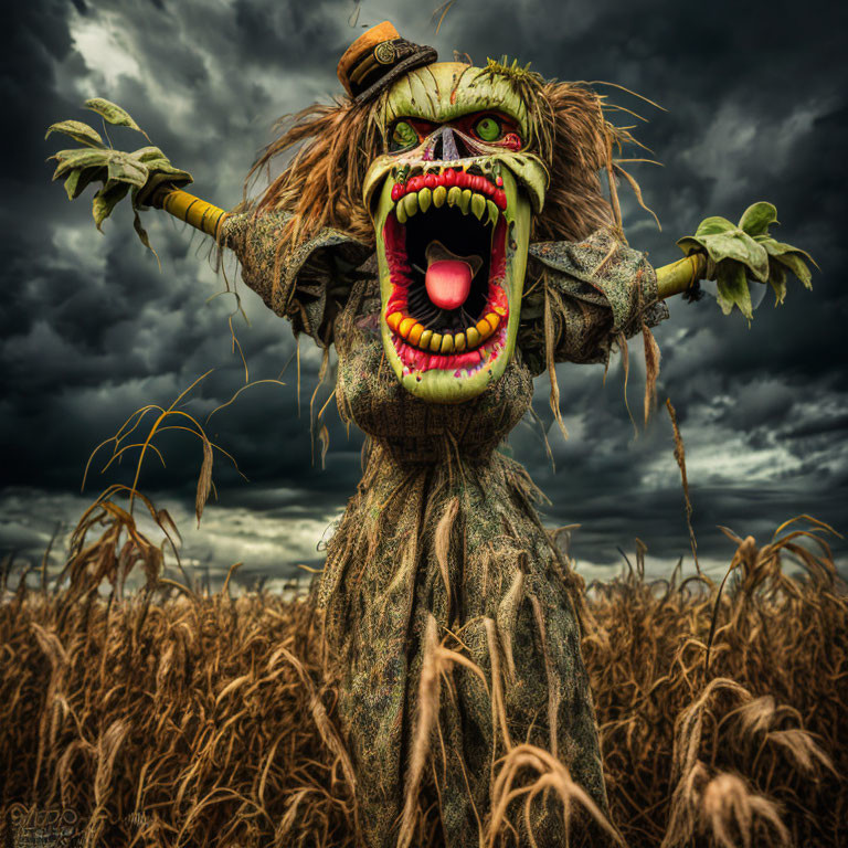 Menacing scarecrow with wide mouth in dark, cloudy sky