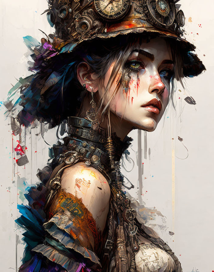 Woman with blue eyes in steampunk hat with mechanical collar and paint splatters