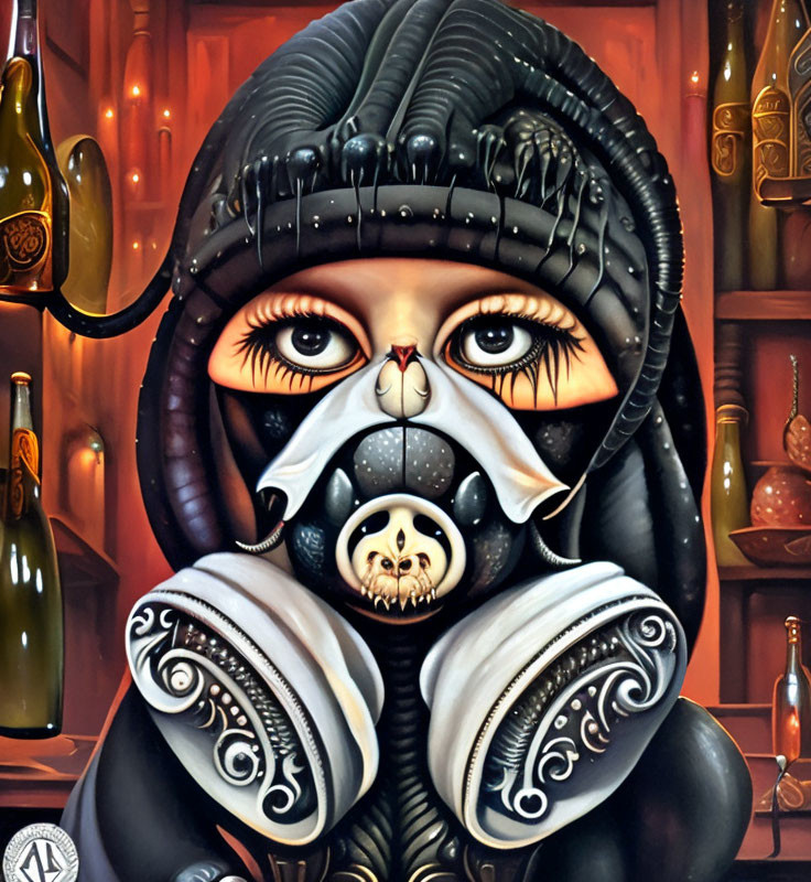 Stylized character in black and white armor with skull motif against bottle-filled shelves