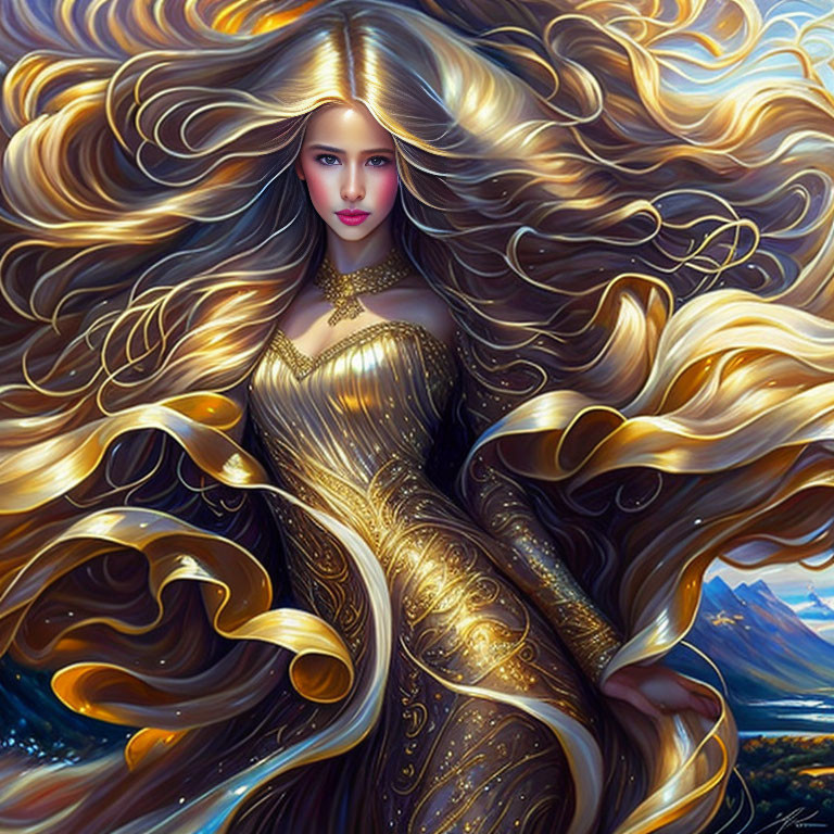 Golden-haired woman in intricate gold dress against mountain backdrop