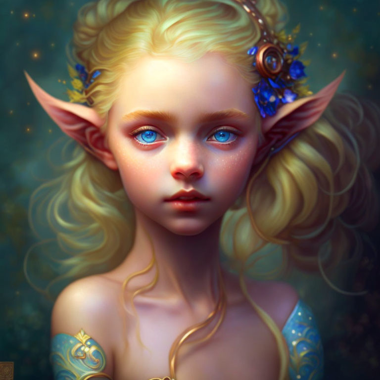 Fantasy character portrait with pointed ears, blue eyes, blonde hair, adorned with blue flowers and gold