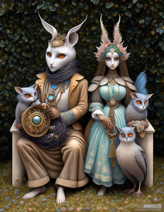 Anthropomorphic rabbit couple with grey owls, jewelry, and mystical orb on floral backdrop