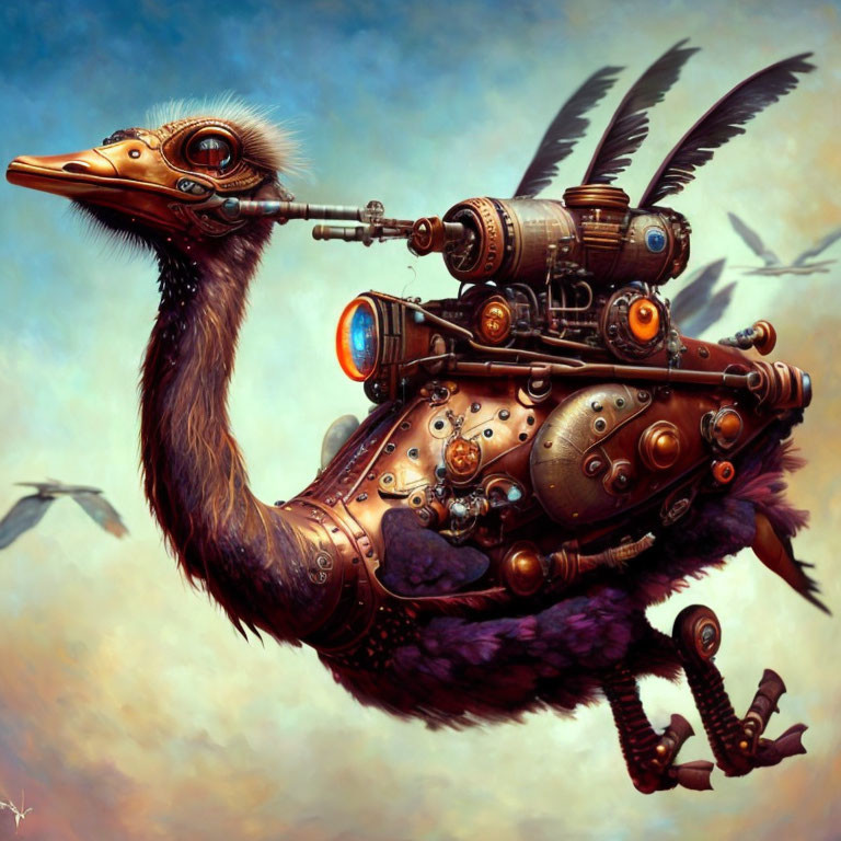 Steampunk-style mechanical bird with brass and copper elements on purple ostrich body