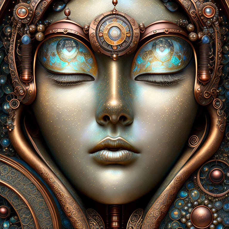 Steampunk-inspired digital artwork of a woman's face with cosmic texture