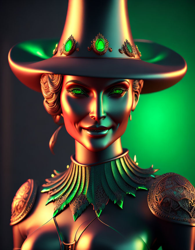 Smiling woman in wide-brimmed hat with metallic collar, in stylized 3D illustration