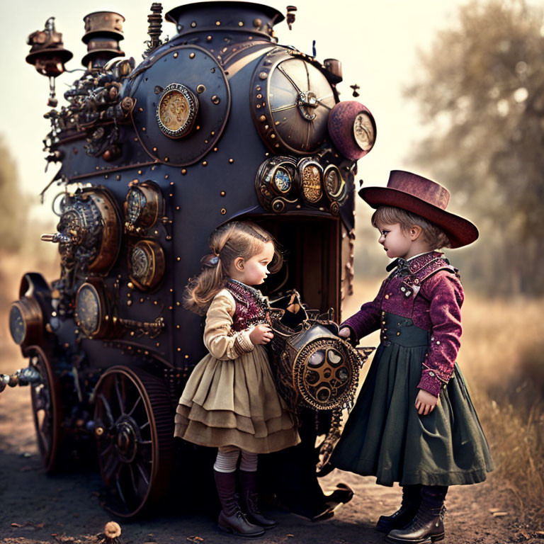 Children in vintage clothing with steampunk machine in outdoor scene