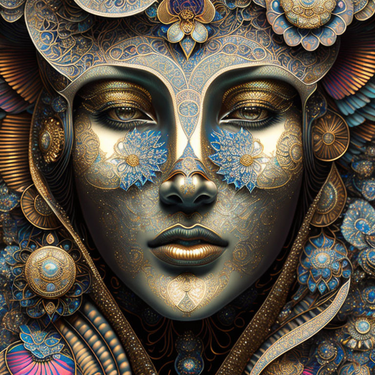 Intricate artwork featuring golden face with blue patterns and lace-like textures