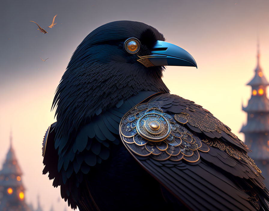 Intricate golden-patterned raven against dusky sky with castle silhouette