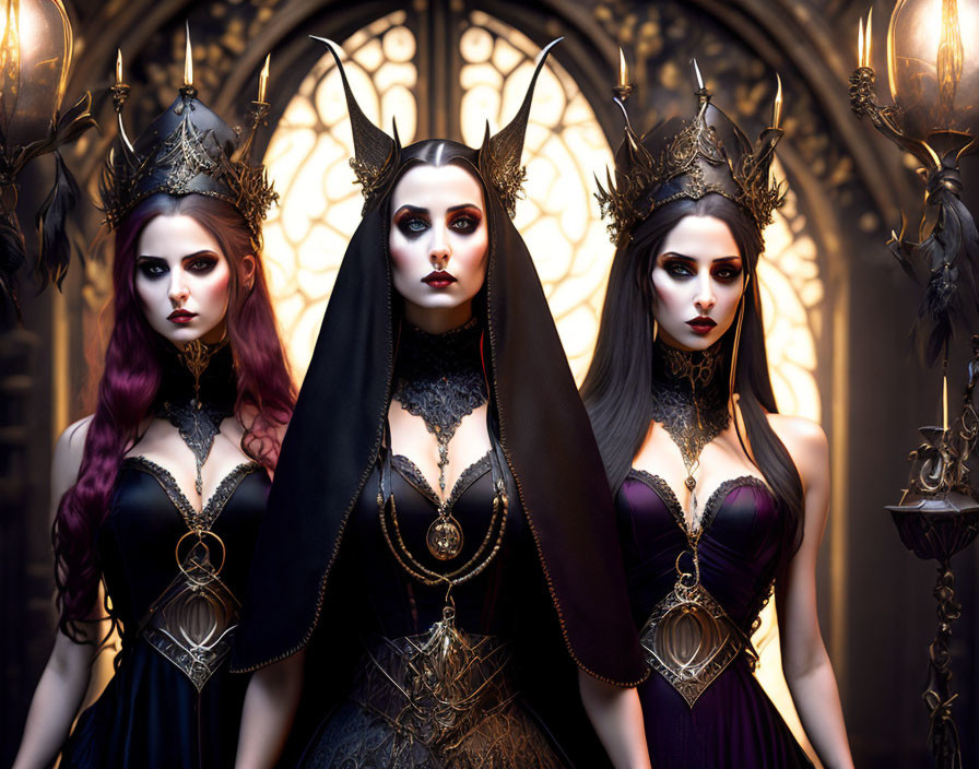 Three women in gothic attire with crowns in front of ornate cathedral