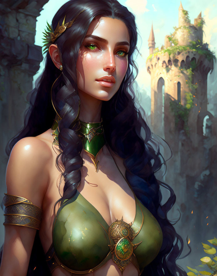 Illustrated female character with black braids, green corset, gold jewelry, and castle backdrop