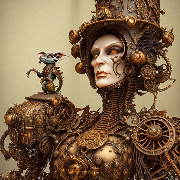 Detailed Steampunk-Inspired Image with Person in Bronze Gear Attire and Fantastical Creature