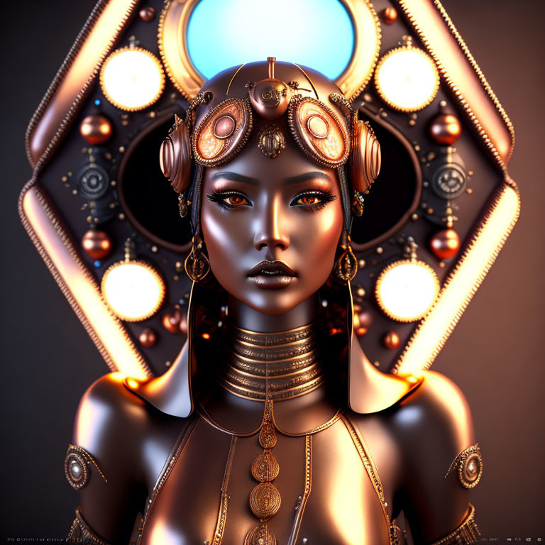 Female Figure with Elaborate Headdress and Futuristic Headphones in 3D Illustration
