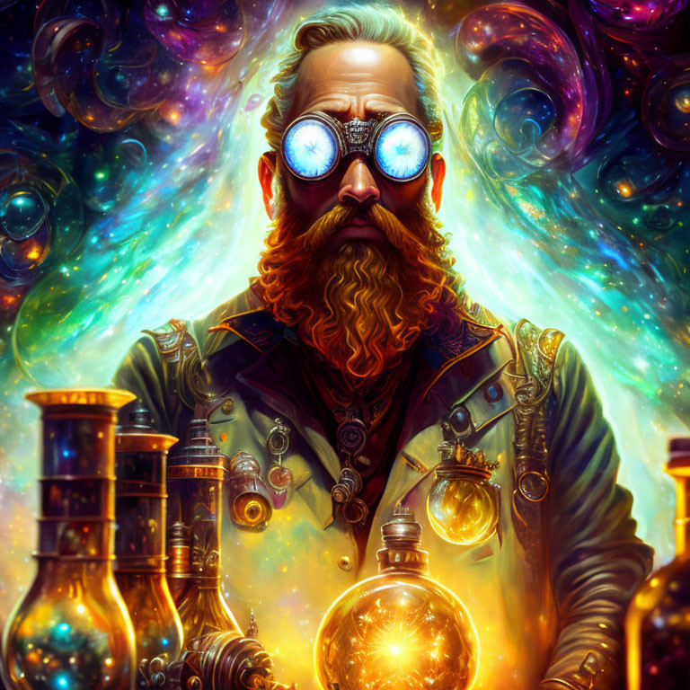 Bearded Man with Cosmic Goggles and Glowing Orb in Nebula Setting