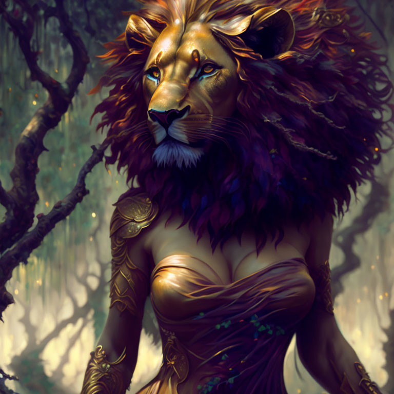 Majestic lion with human-like features in gold armor, enchanted forest backdrop