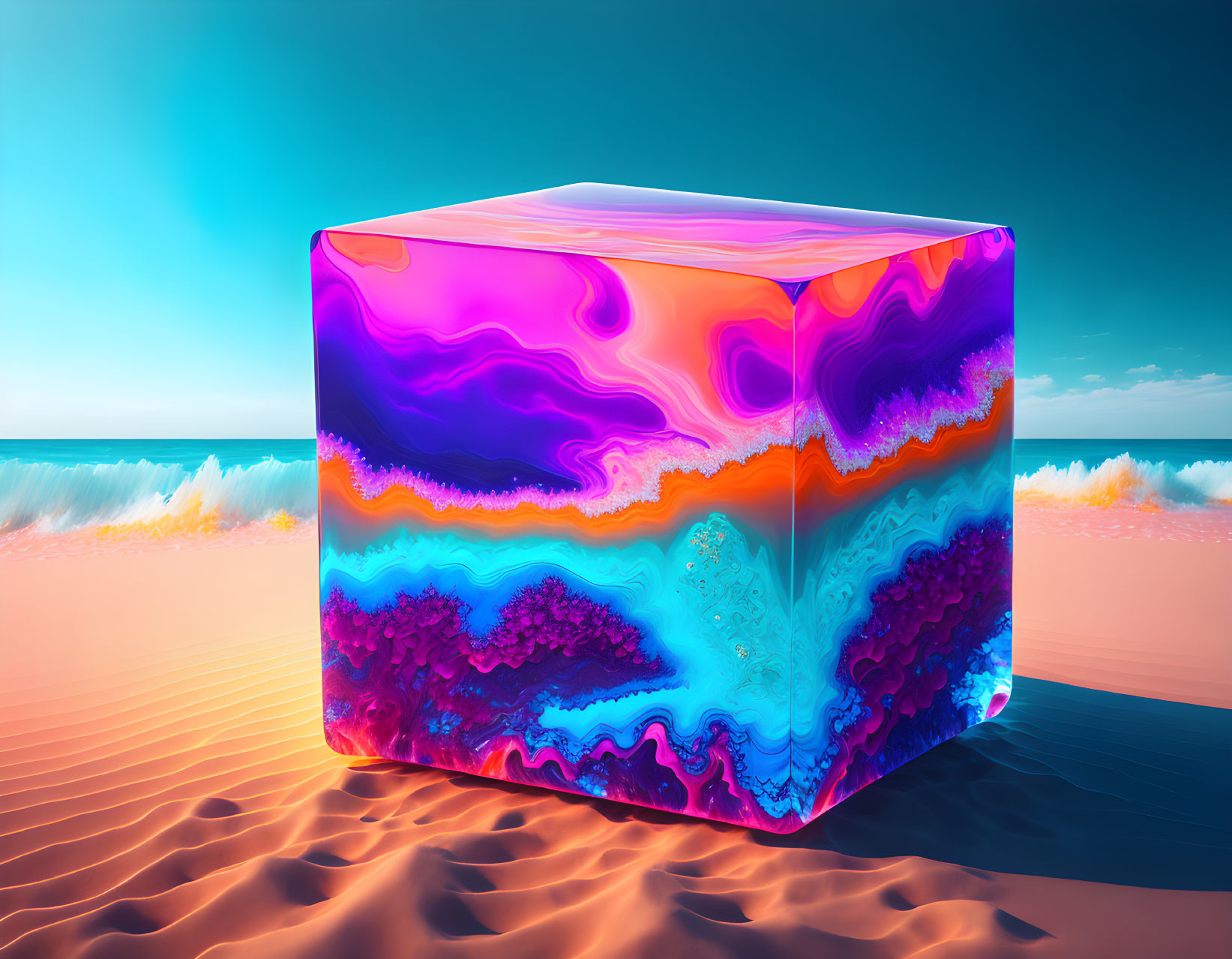 Vibrant psychedelic cube on sandy beach with gradient sky