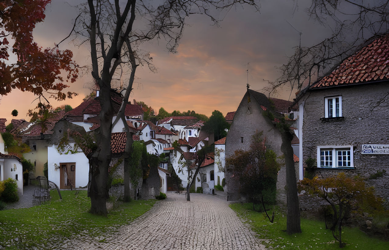 Cobblestone Street in Quaint Village Under Amber Sunset Sky