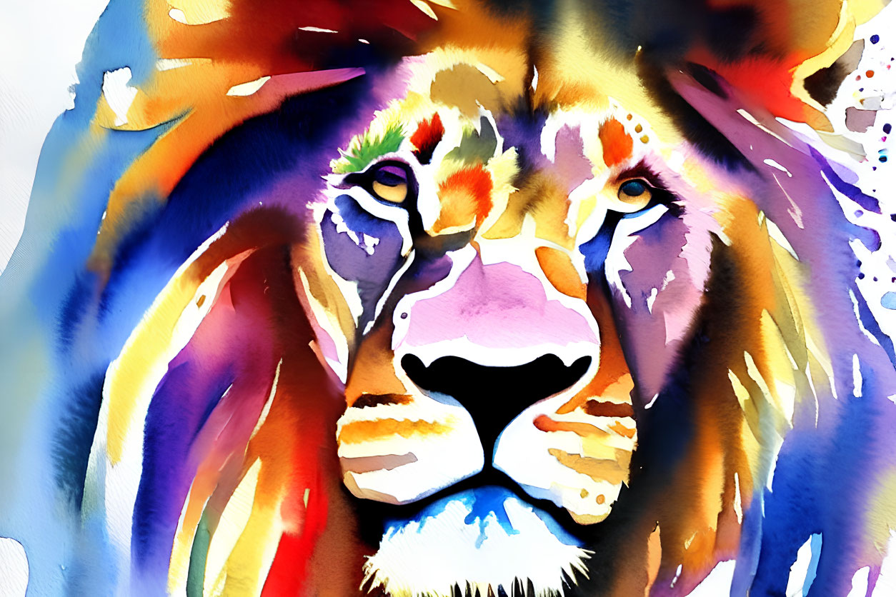 Colorful Watercolor Painting of Lion's Face